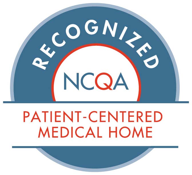 National Committee for Quality Assurance (NCQA) badge with text reading, NCQA recognized, patient-centered medical home.